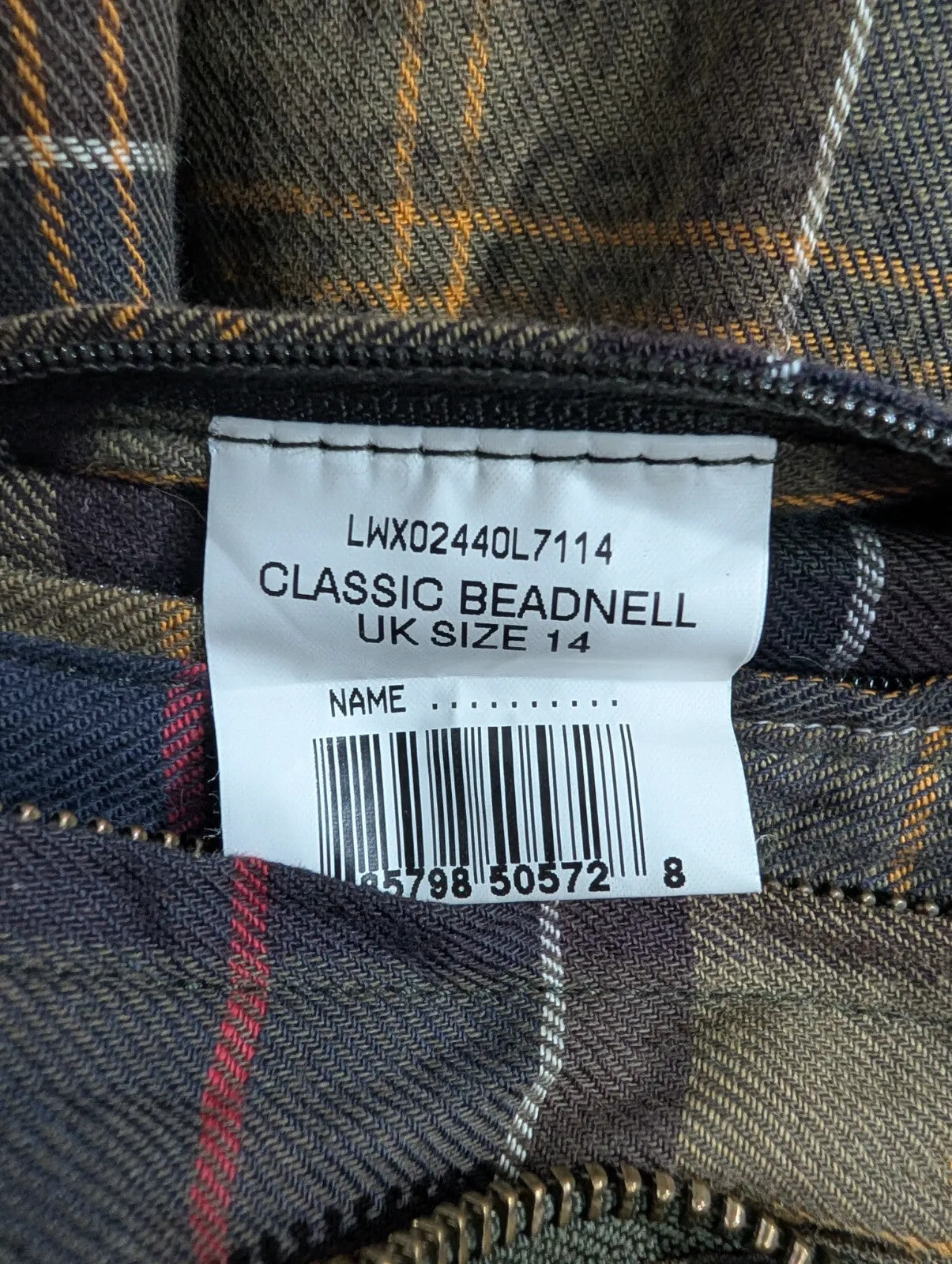 Barbour Classic Beadnell Waxed Jacket Womens UK14 Olive Green Tartan Brown Cord
