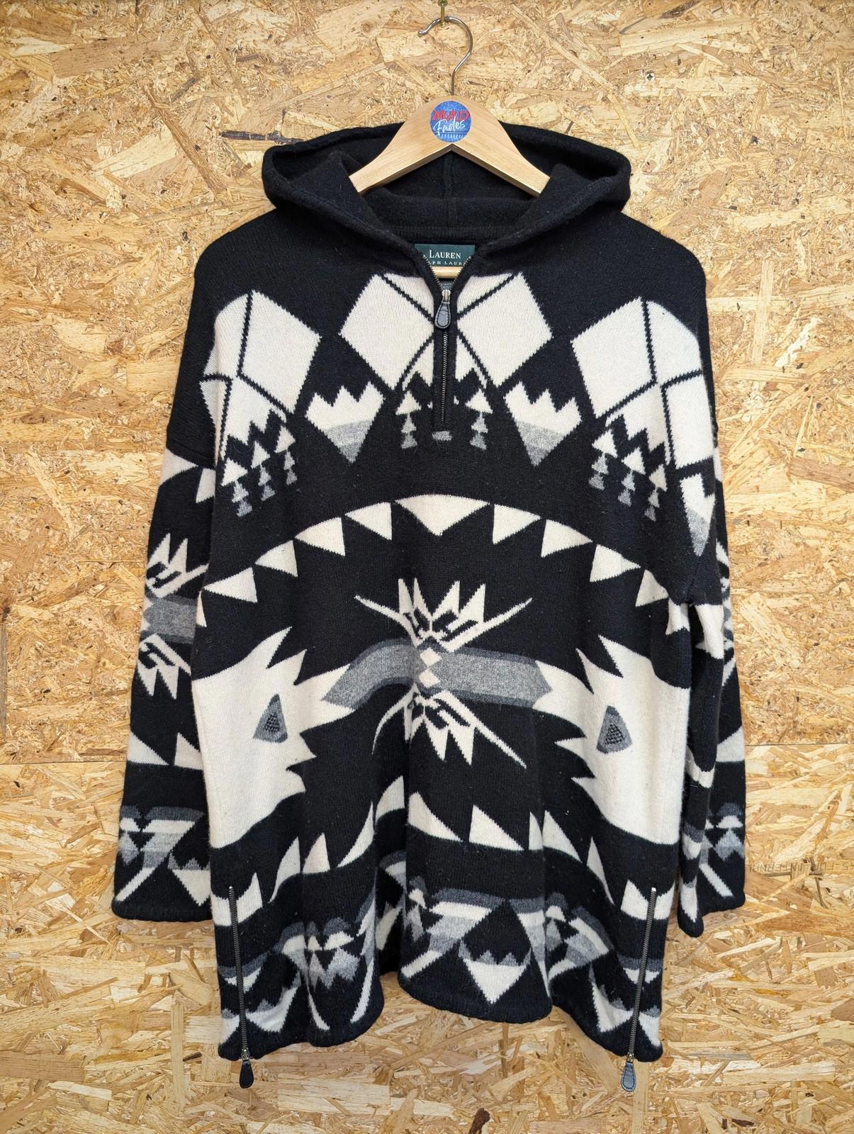 Ralph Lauren Aztec Hoodie Large Women Wool Black White Long-Line Zip Side RRL