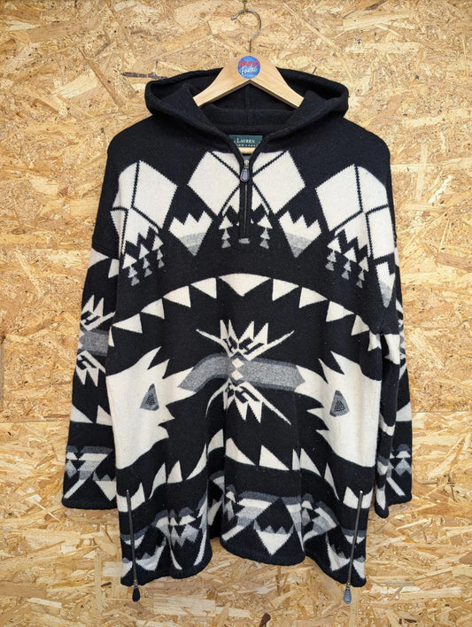 Ralph Lauren Aztec Hoodie Large Women Wool Black White Long-Line Zip Side RRL