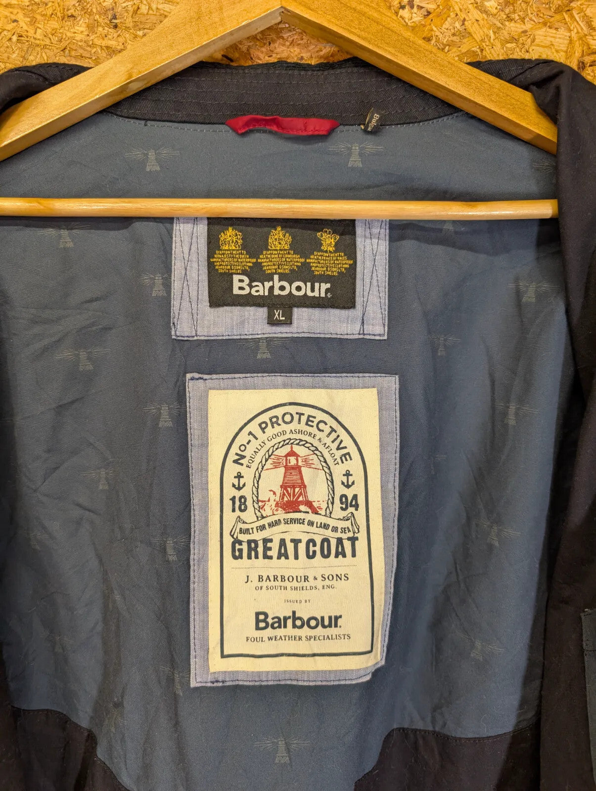 Barbour Deck Wax Jacket Mens XL Navy Blue Cotton Cord Collar Chin Strap South