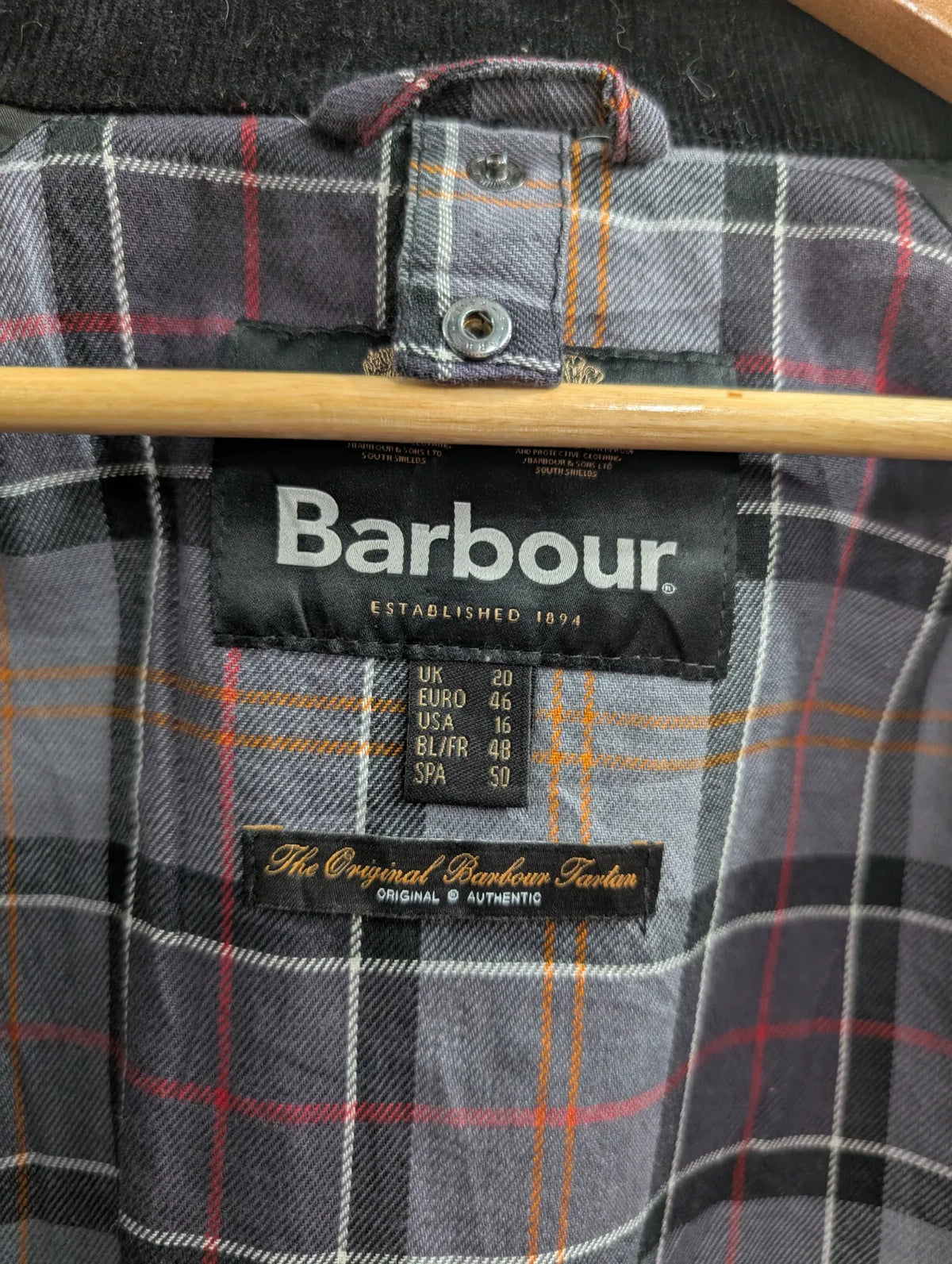 Barbour Beadnell Wax Jacket Womens Size UK 20 Black Cotton Tartan Cord Collar