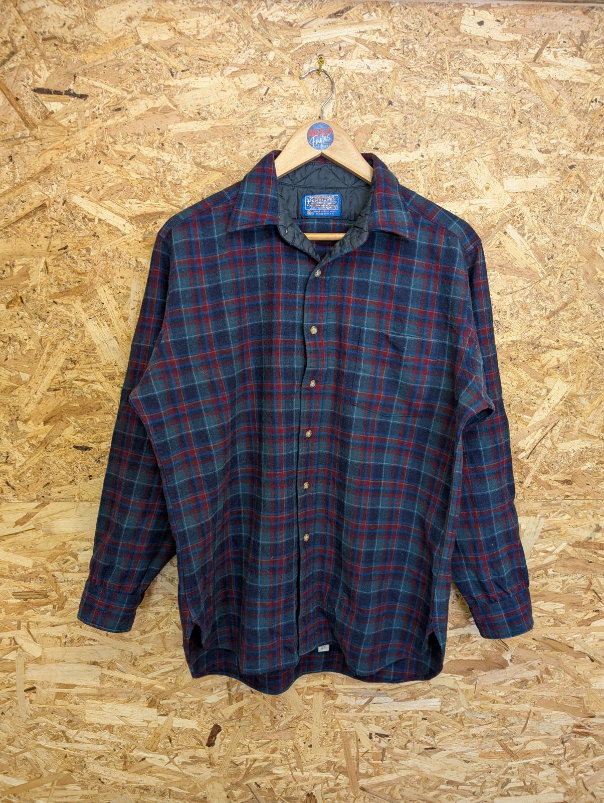 Pendleton Shirt Mens Large Blue Green Red Navy Check Plaid Wool Made In USA