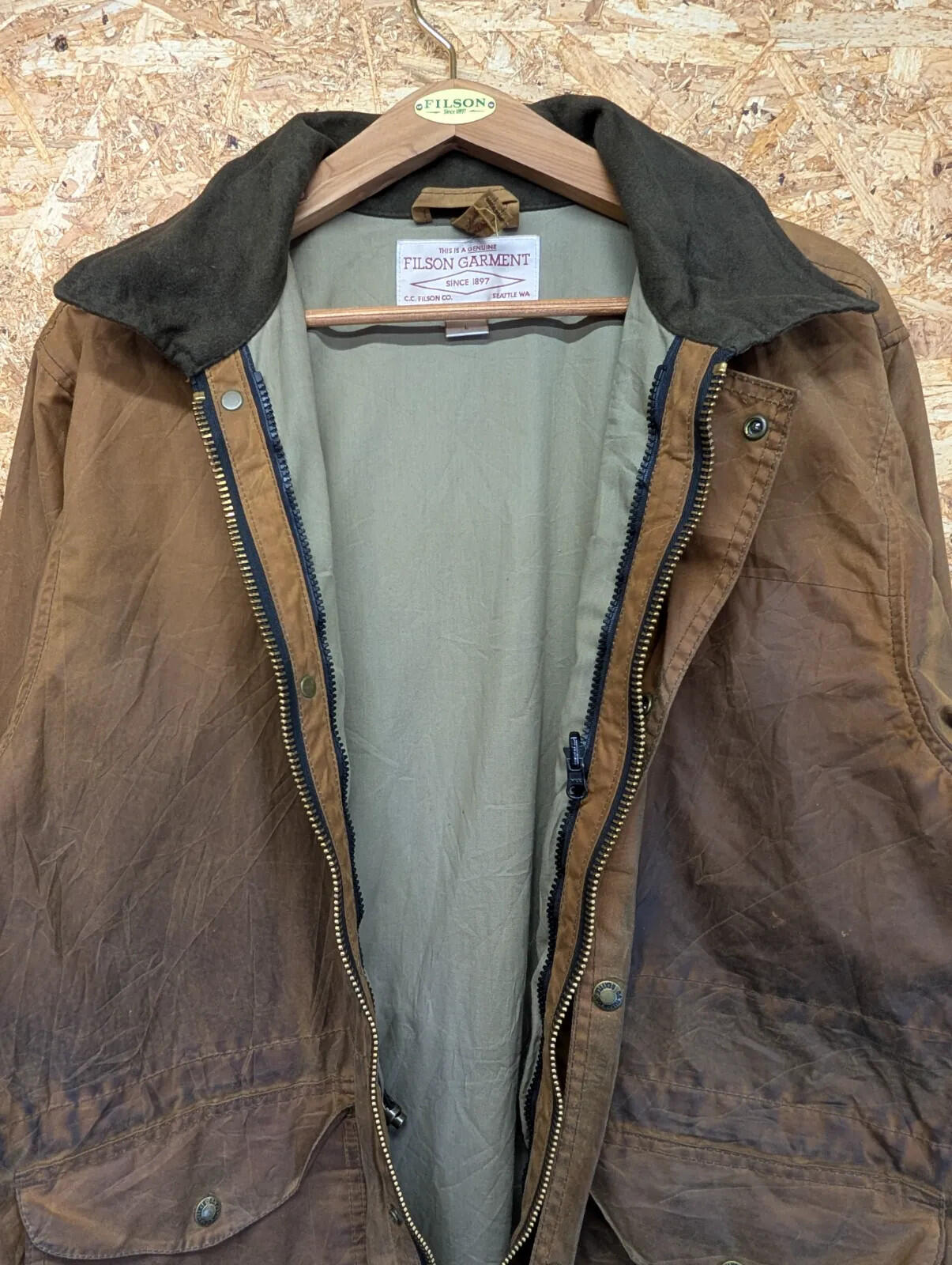 Filson Cover Cloth Mile Marker Coat Mens Large 10023 Waxed Field Jacket Brown