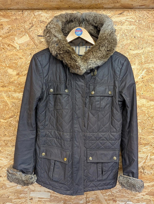Belstaff Wax Jacket UK 12 / 44 Women Quilted Fur Trim Hood Brown Winter Coat