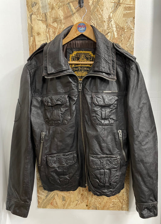 Superdry Brad Genuine Leather Cafe Racer Brown Biker Jacket Pocket Zip Large