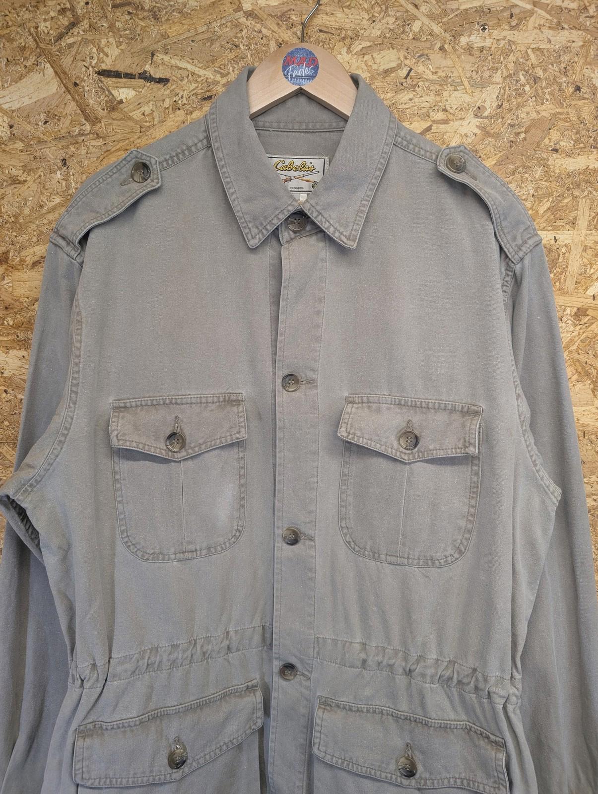 Cabelas Safari Chore Jacket Large Men USA Button Pockets Epaulettes Grey Khaki
