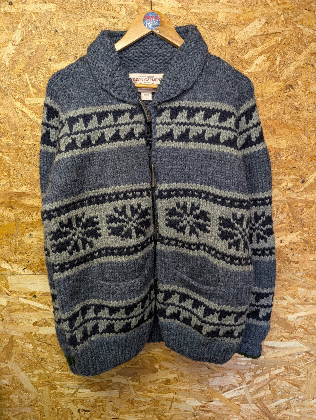 Filson Cowichan Cardigan Sweater Large Grey Wool Hand Knit Fair Isle Canada Ltd