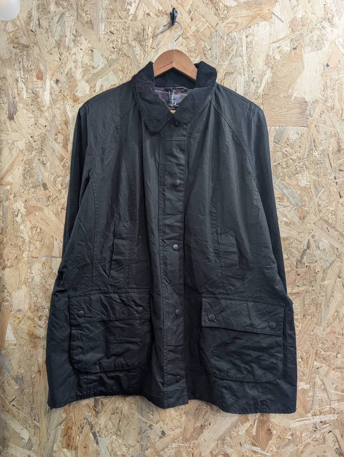 Barbour Beadnell Wax Jacket Womens Size UK 20 Black Cotton Tartan Cord Collar