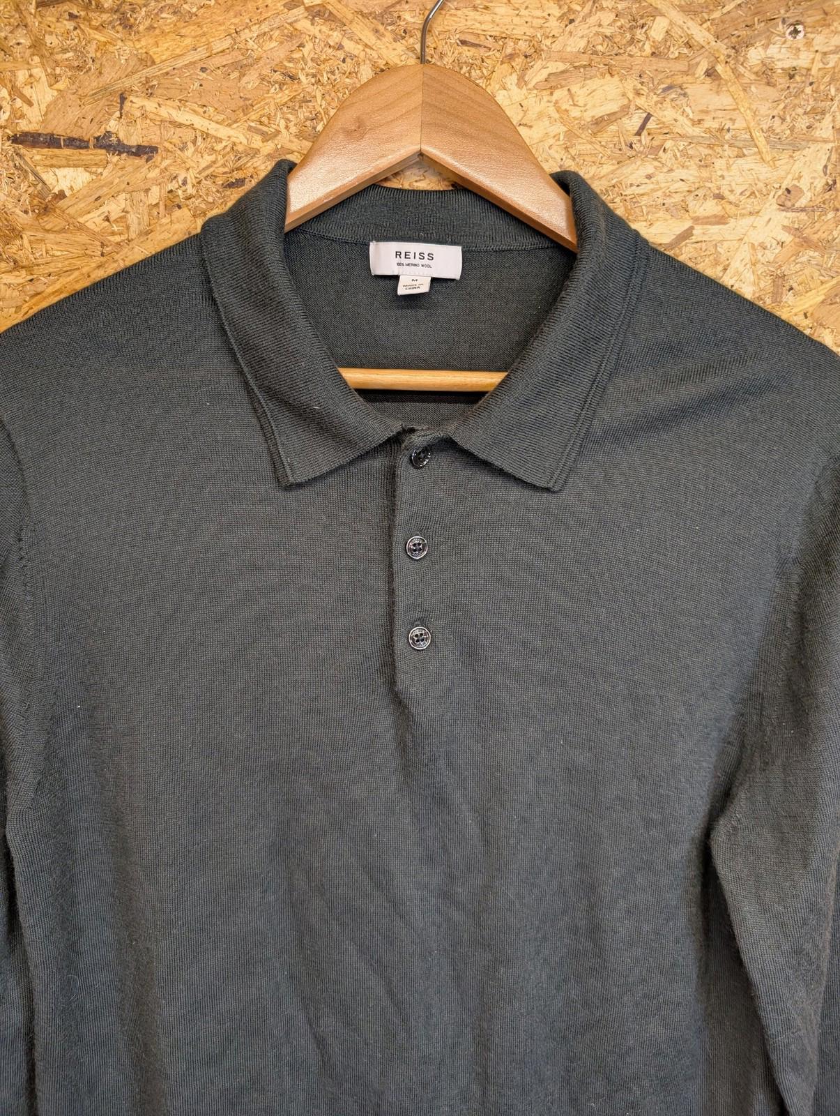 Reiss Polo Shirt Mens Medium Merino Wool Long Sleeve Dark Green Casual Style