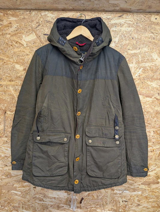 Barbour Game Parka Jacket Large Men Wax Cotton Olive Green Fleece Lined Coat