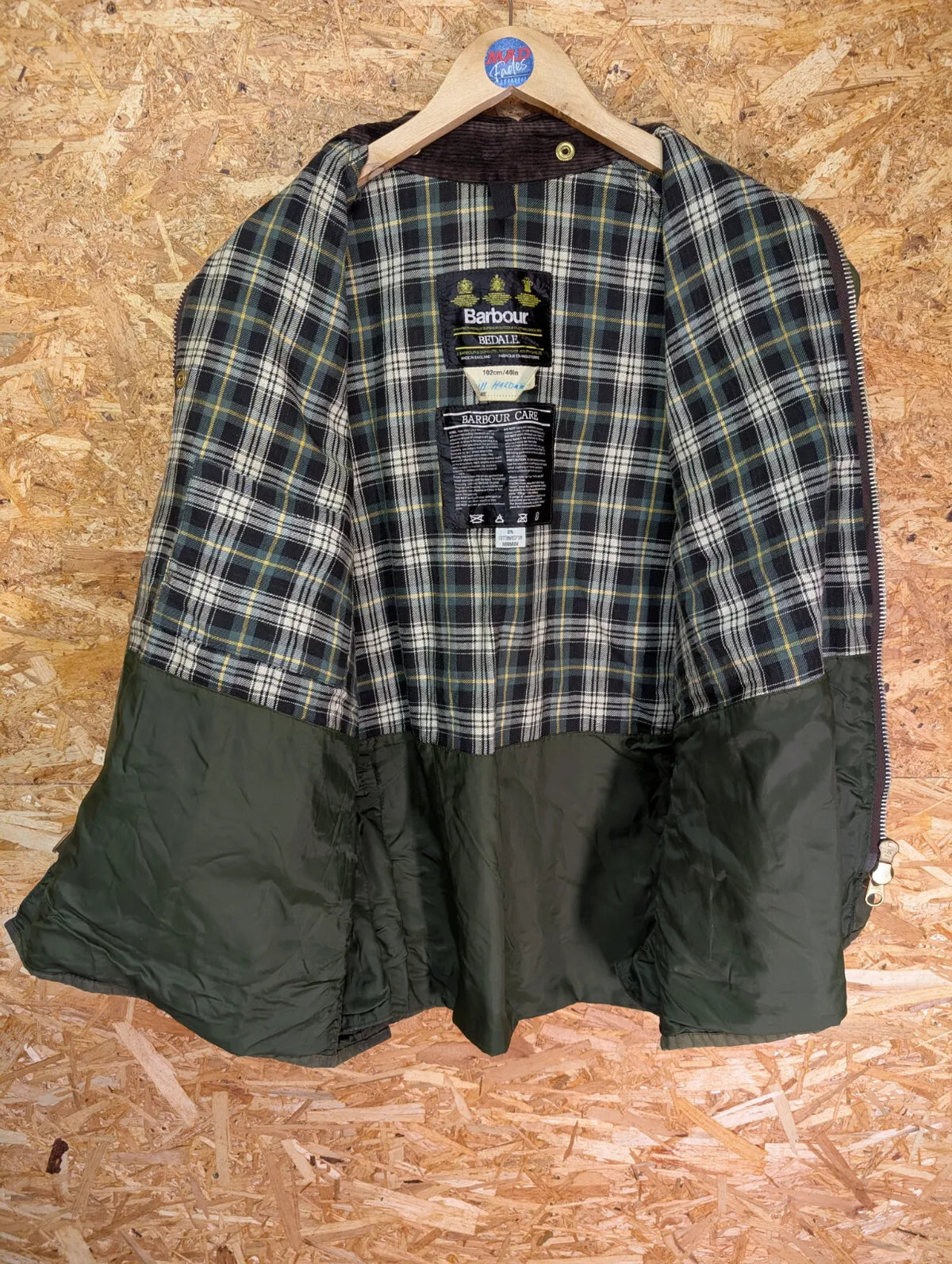 Barbour Bedale Jacket Medium 102cm 40in Olive Green Waxed Cotton Cord Collar Full