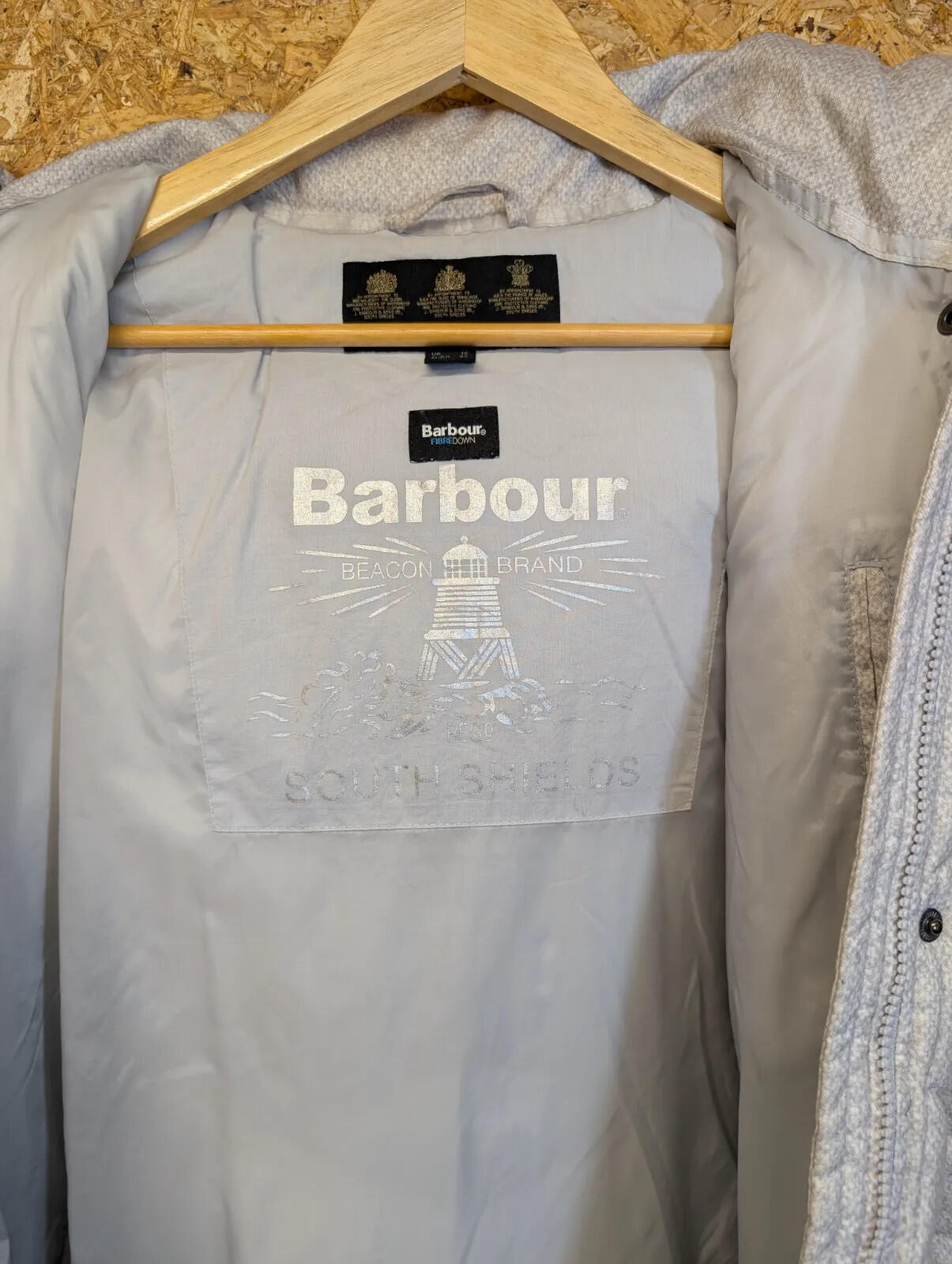 Barbour Sternway Quilted Coat Size 12 Womens White Grey Hooded Parka Beacon Long