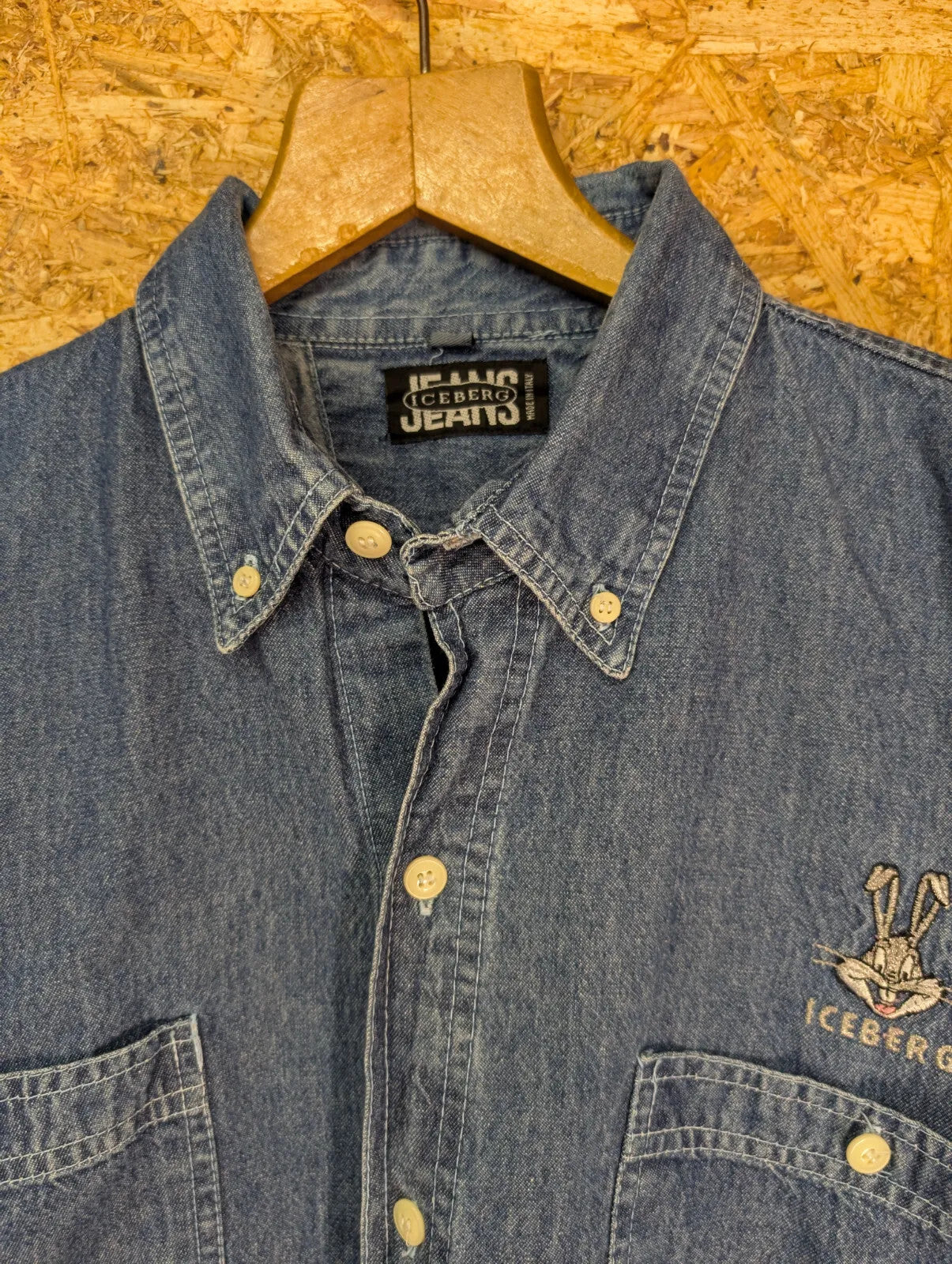 Vintage Iceberg Jeans Shirt Mens XL Blue Denim Short Sleeve Embroidered 90s