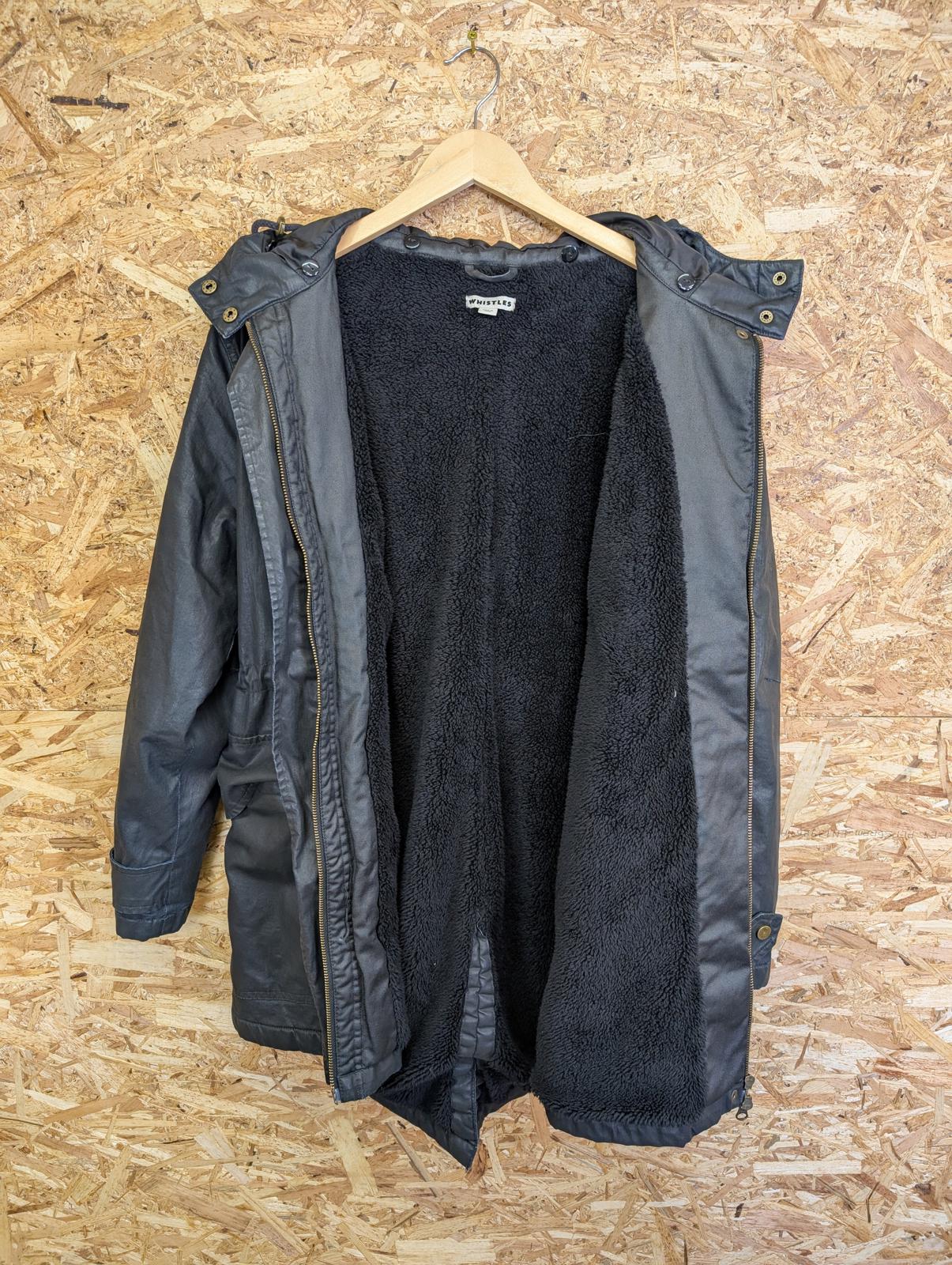 Whistles Waxed Parka Size Large Jacket Black Fleece Lined Cotton Coat