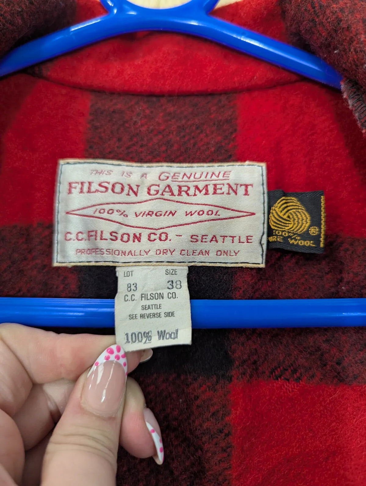 Filson Double Mackinaw Jacket Mens Small 38 Red Black Wool Plaid USA Vintage 80s