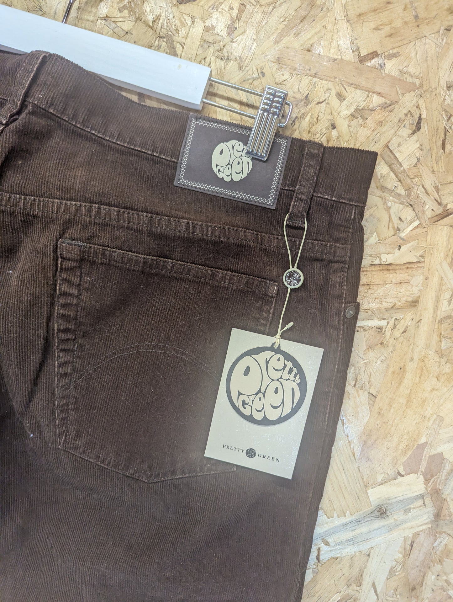 Pretty Green Mens Cords Trousers Brown Stretch Button Fly Slim Fit W38 L 32 New