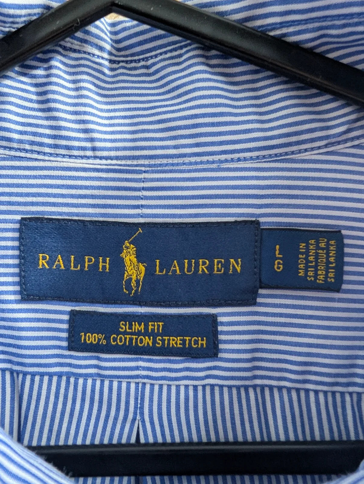 Polo Ralph Lauren Shirt Men Large Blue White Cotton Stretch Stripe Slim Button