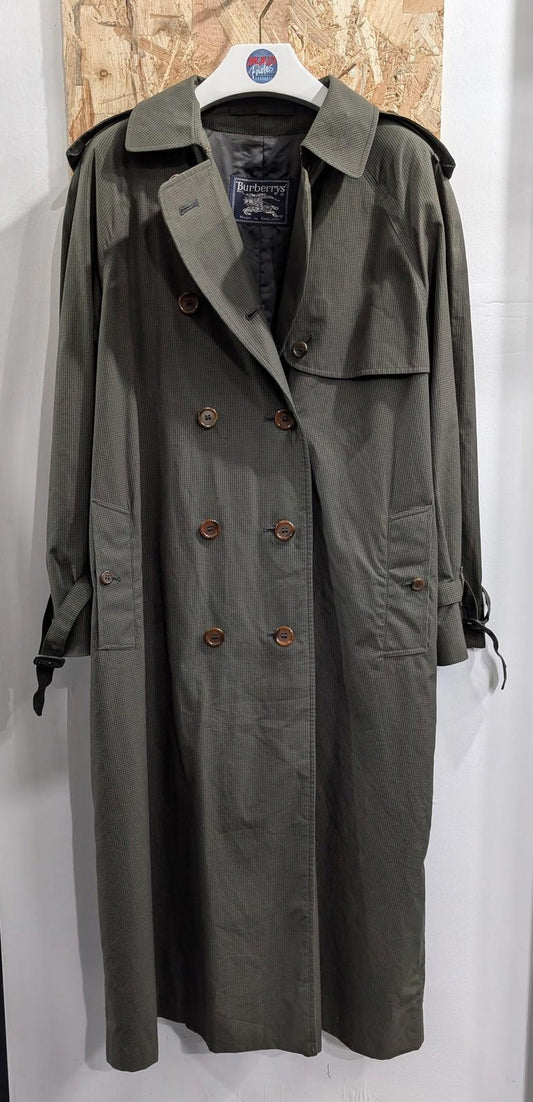 Burberry Trench Coat Women Size 14-16 Long Check Lined Made England Khaki Green