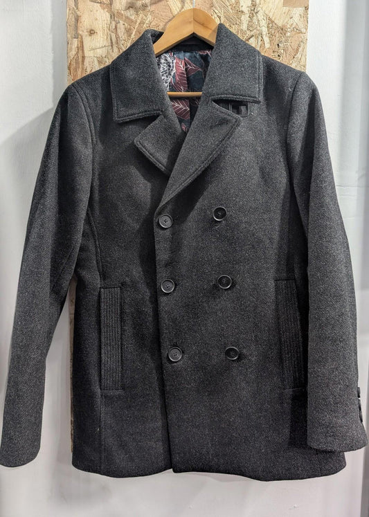 Ted Baker Pea Coat Mens Size 2 Wool Blend Double Breasted Charcoal Grey