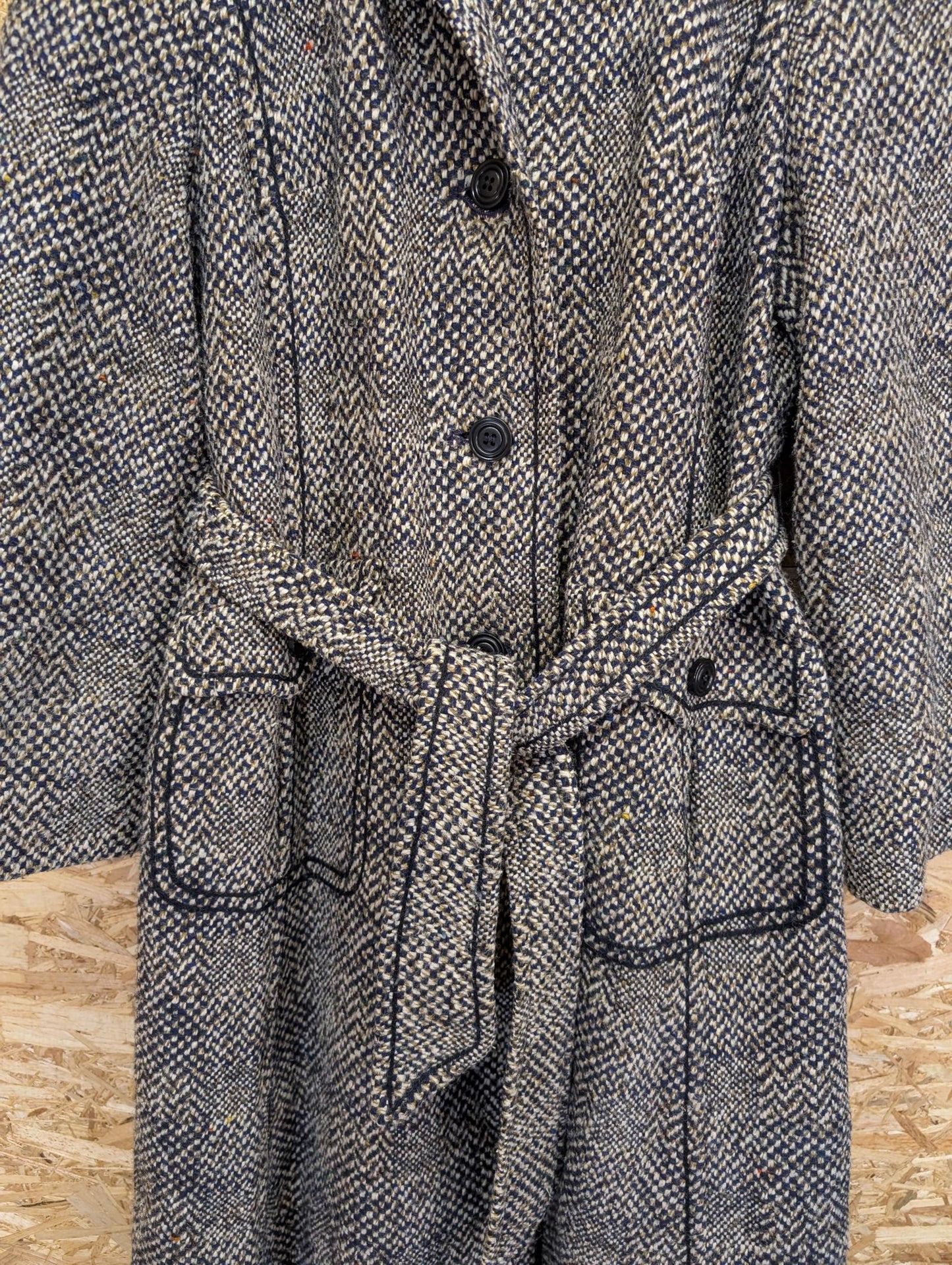 Windsmoor Wool Tweed Trench Coat Mac Long Blue White Made in England Size 14