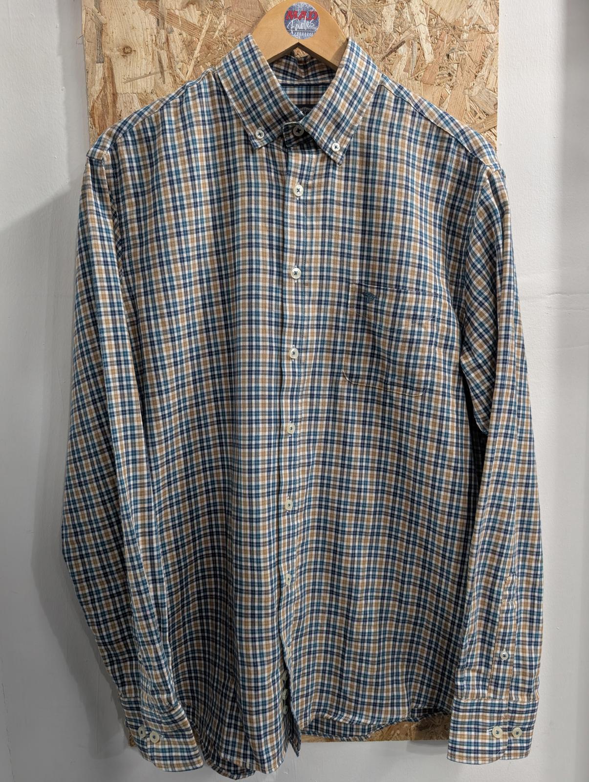 Fynch Hatton Shirt Mens Medium Long Sleeve Pocket Teal Mustard Navy White Check