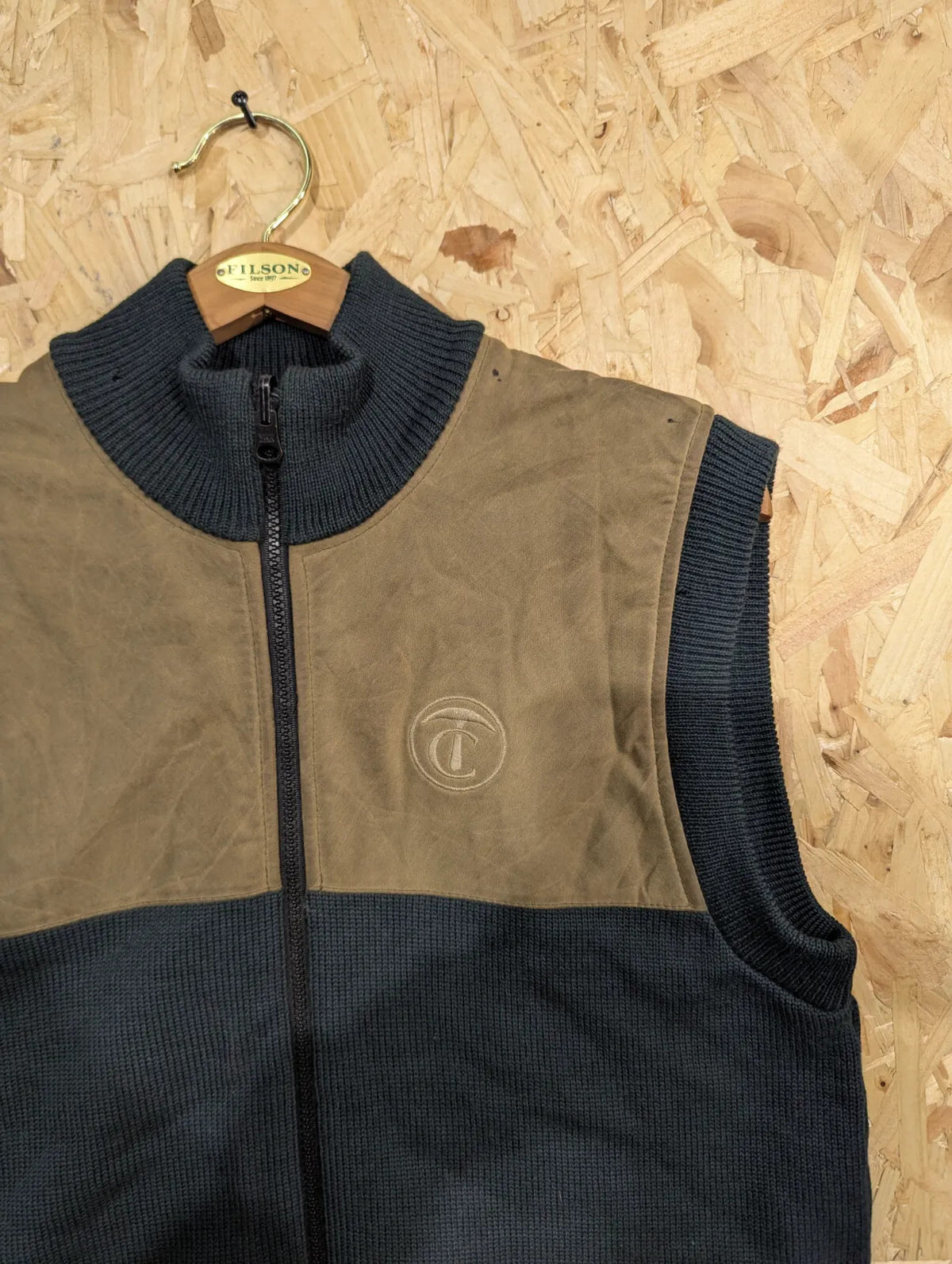 Filson Style 705 Wool Guide Vest Mens Wool Green Brown Knit Gilet Tin Cloth Zip