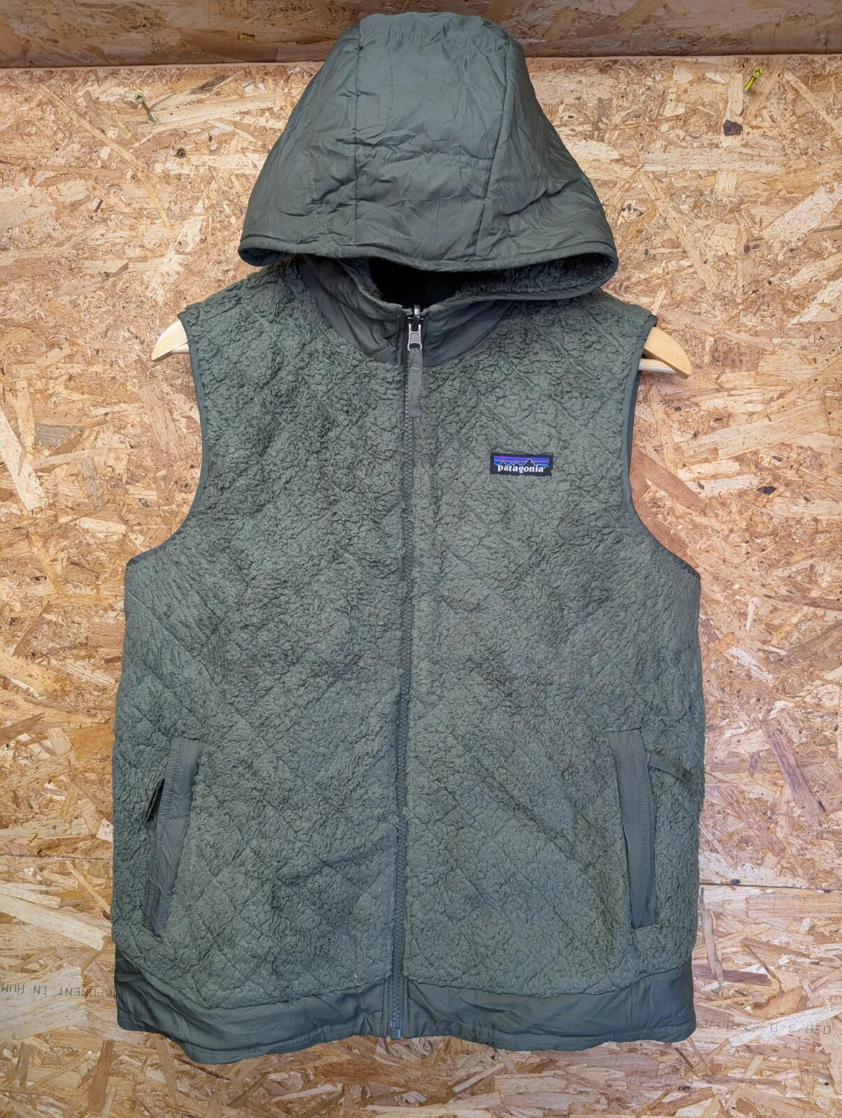 Patagonia Gilet Fleece Vest Women M Green Reversible Hooded Full Zip Fleece
