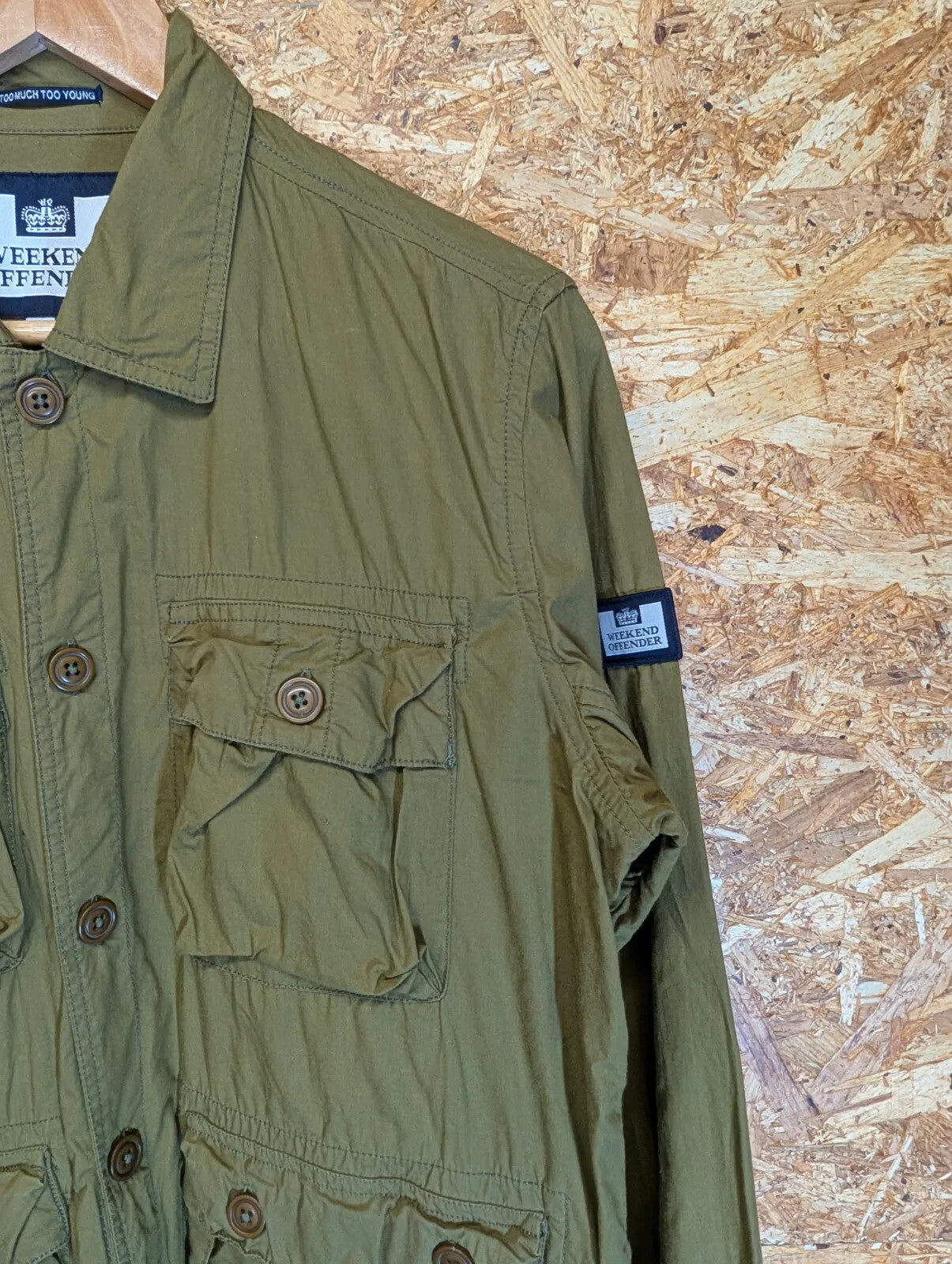 Weekend Offender Chore Jacket Mens Medium Khaki Green Cotton Pockets Overshirt