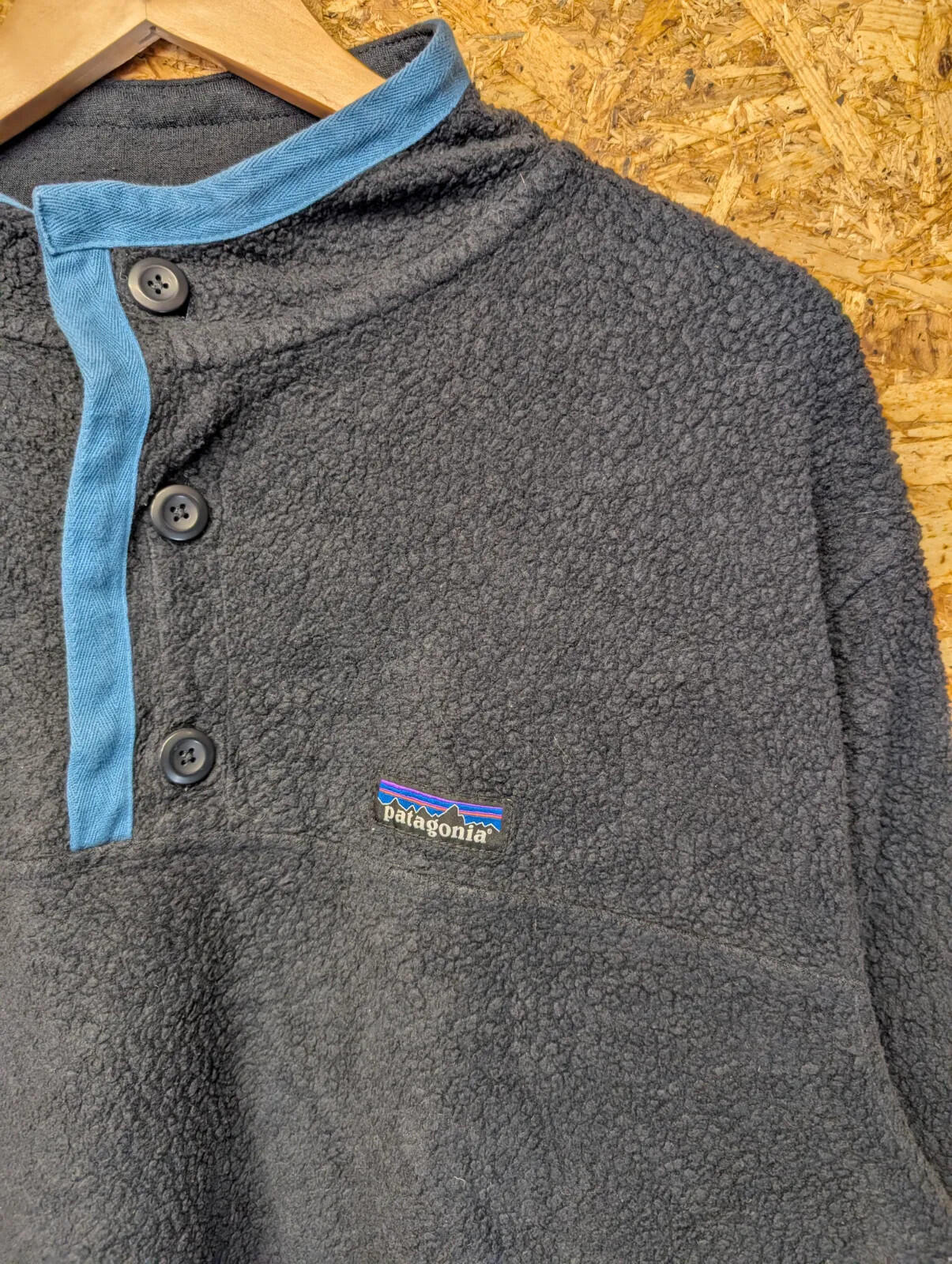 Patagonia Shearling Button Pullover Fleece Mens XXL Charcoal Blue Pink Pockets