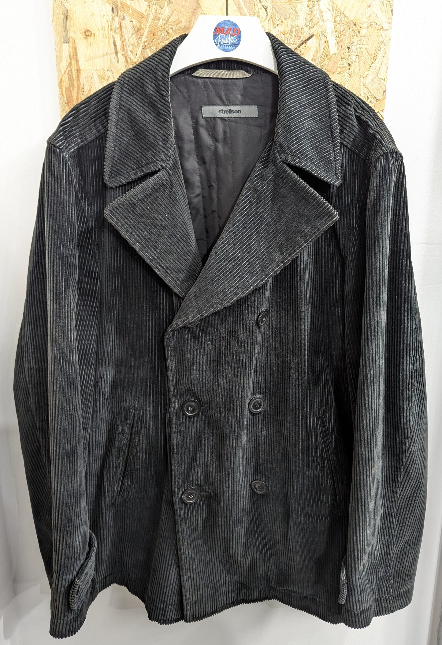 Strellson Classic Long Double Breasted Black Corduroy Trench Coat Size XL-2XL