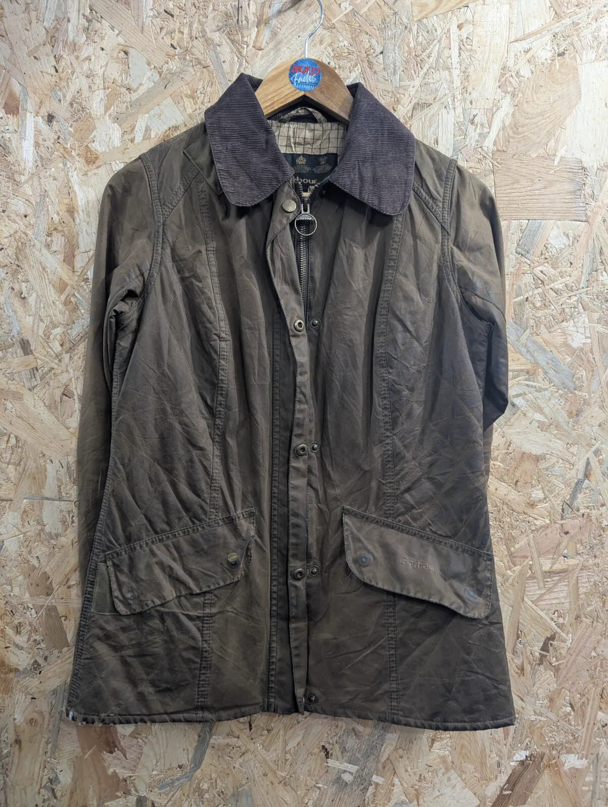 Barbour Sapey Wax Jacket Womens UK10 Khaki Green Cotton Quilted Corduroy Utility