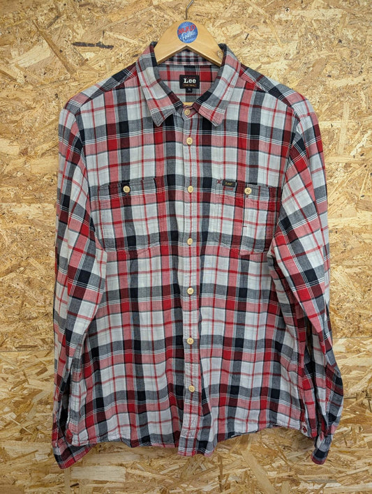 Lee Plaid Shirt Mens XL Button-Up Shirt Check Cheese Cloth Cotton Red Grey Black