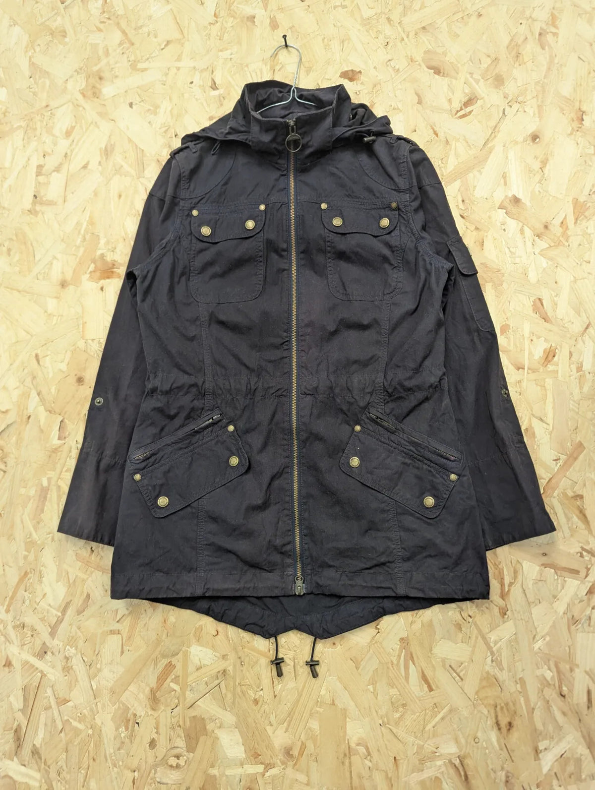 Barbour Parka Womens UK10 Navy Blue Waxed Cotton Hooded Fishtail Hooded Coat