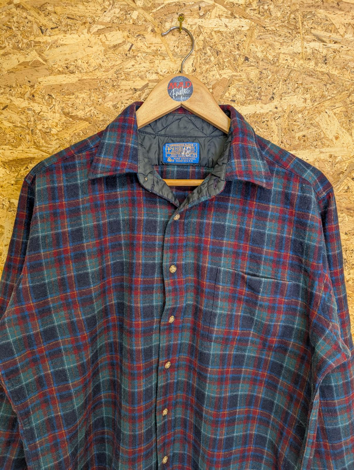 Pendleton Shirt Mens Large Blue Green Red Navy Check Plaid Wool Made In USA