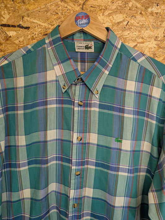 Lacoste Chemise XL Shirt Vintage 80s Long Sleeve Green Blue Check 17.5" Collar
