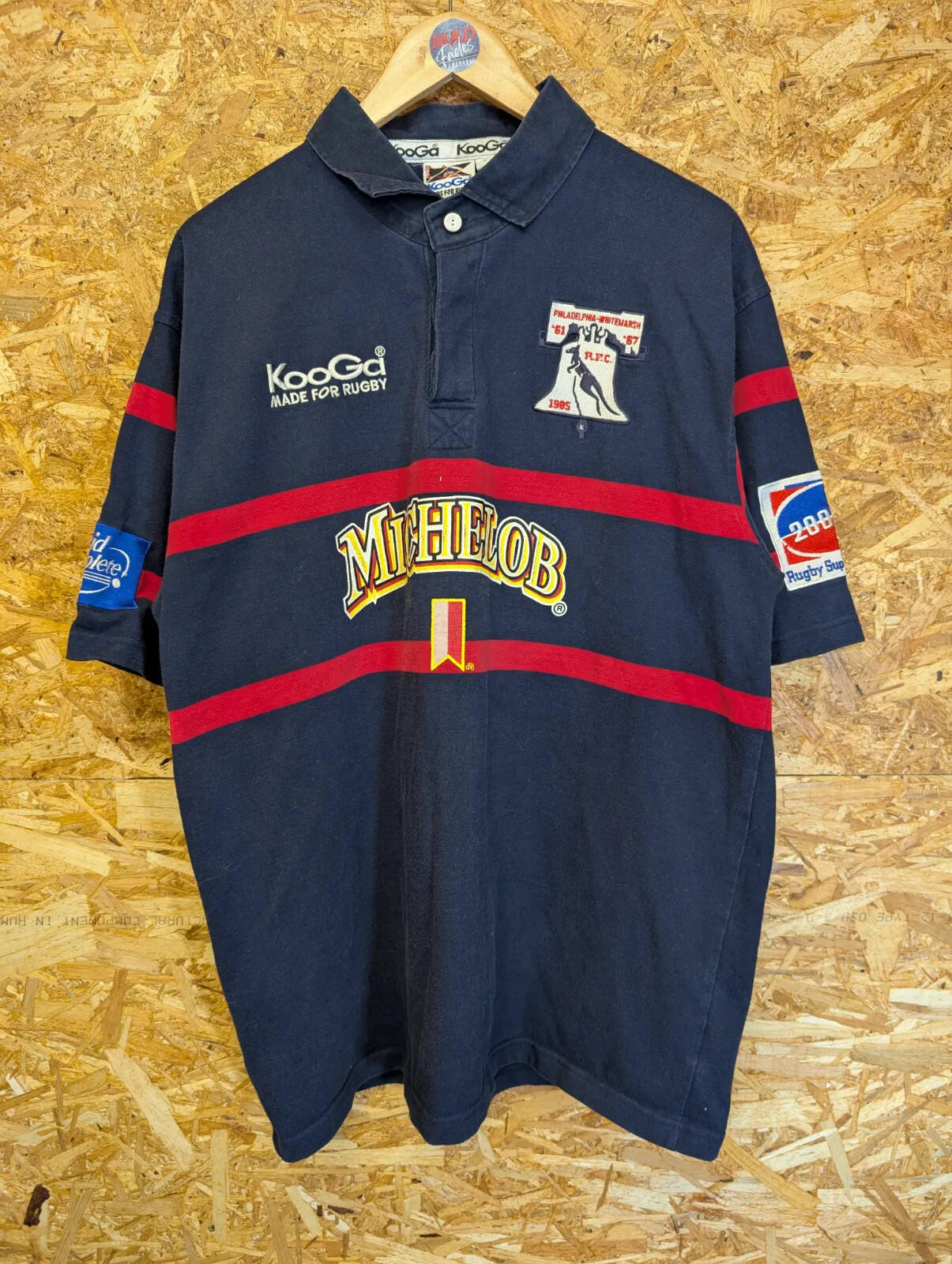 Philadelphia Whitemarsh Kooga Rugby Shirt Large Navy Cotton Striped Short Sleeve