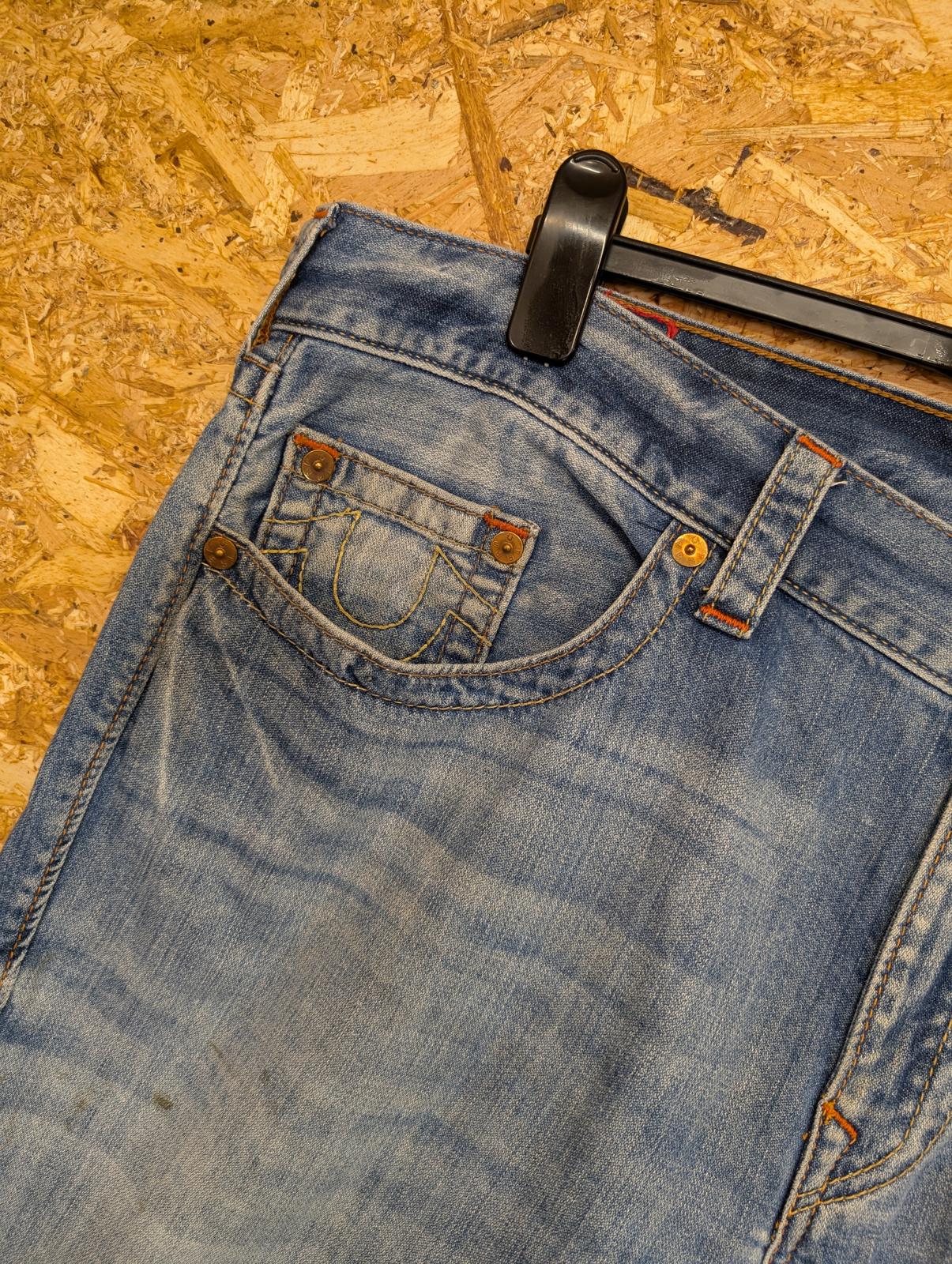 True Religion Jeans W42 L34 USA Made Stonewash Blue Distress Vintage 90s Slim