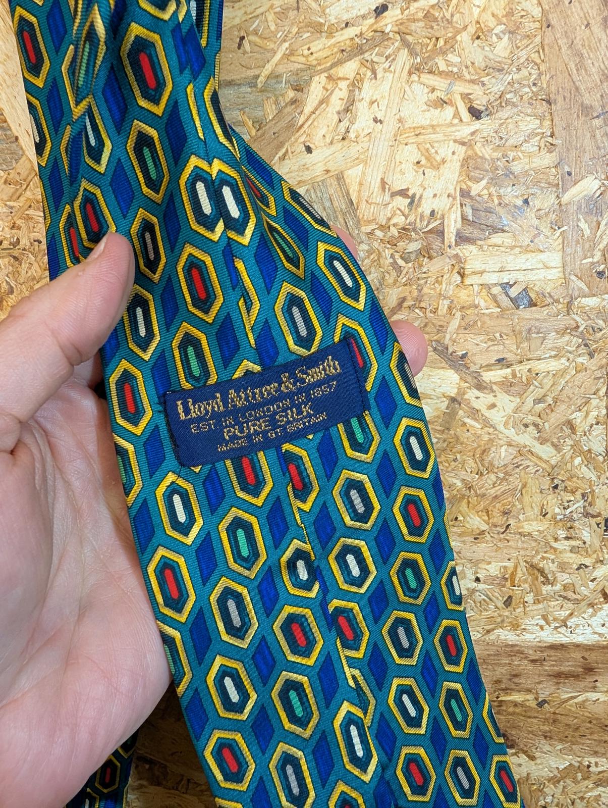 Lloyd Attree & Smith Pure Silk Tie 59" 149cm Green Blue Geometric Pattern