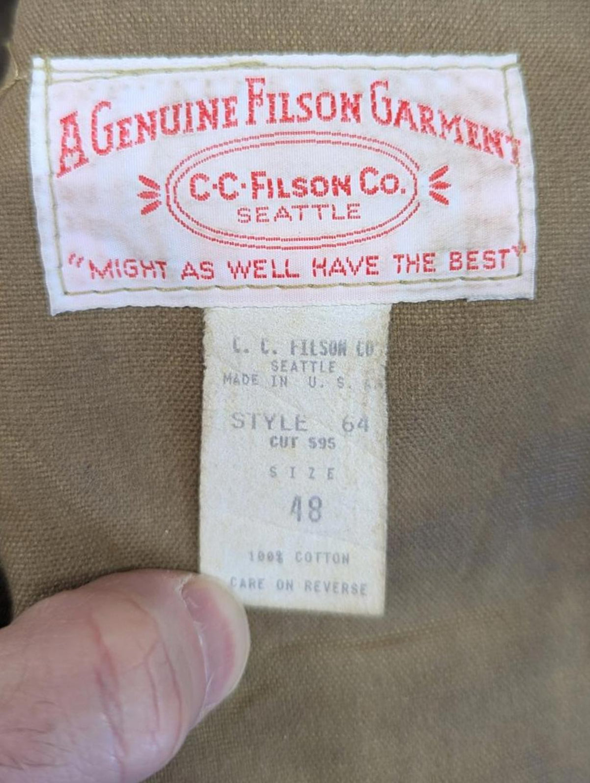 Filson Jacket Size XXL 48 Men Style 64 Tin Cloth Made In USA Tan Duck Brown