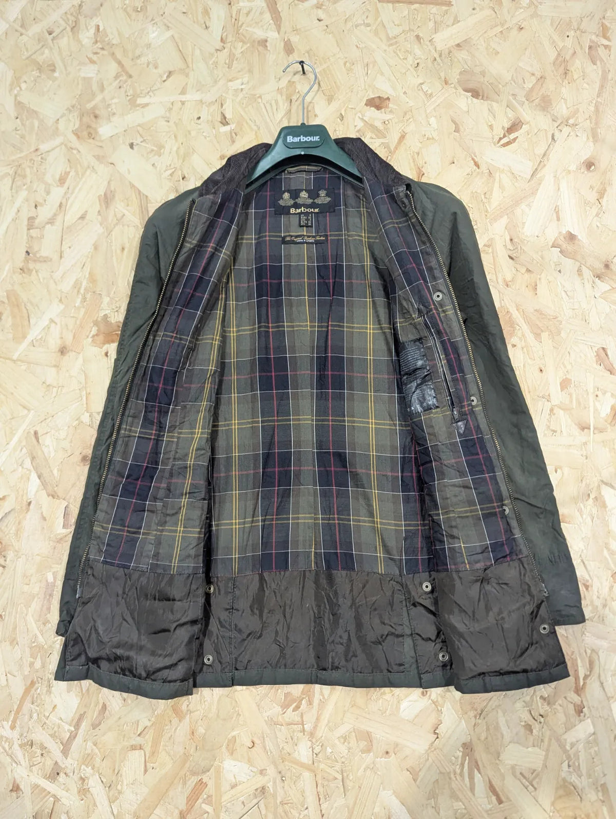 Barbour Beadnell Wax Jacket Womens UK6 Olive Green Cotton Tartan Cord Collar