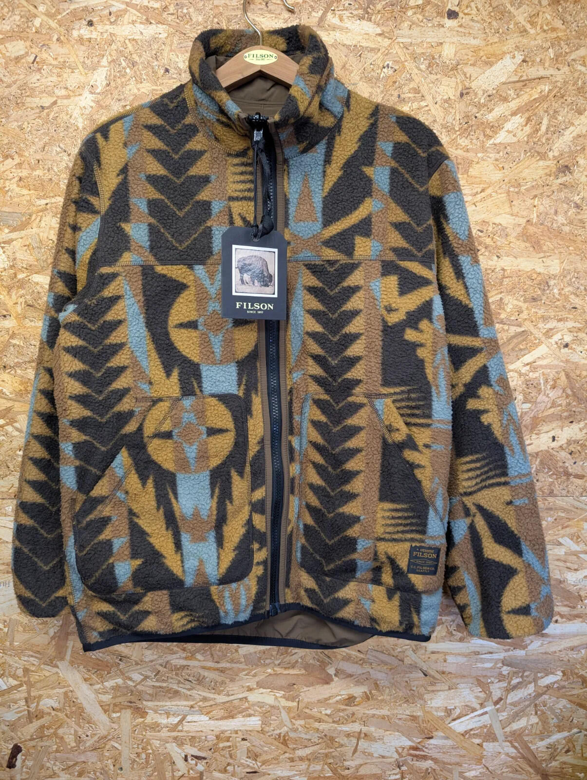 Filson Reversible Pile Fleece Jacket Mens Small Aztec Brown Khaki Full Zip USA