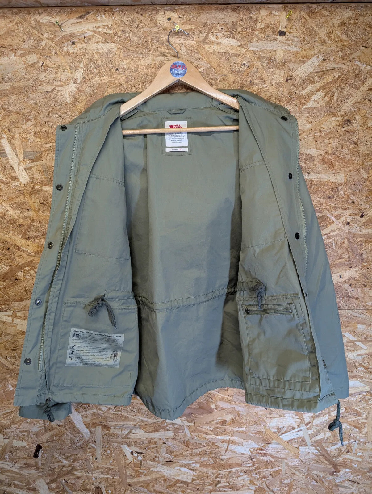 Fjallraven G1000 Wax Jacket Womens XL Khaki Green Stowaway Hood Full Zip Hiking