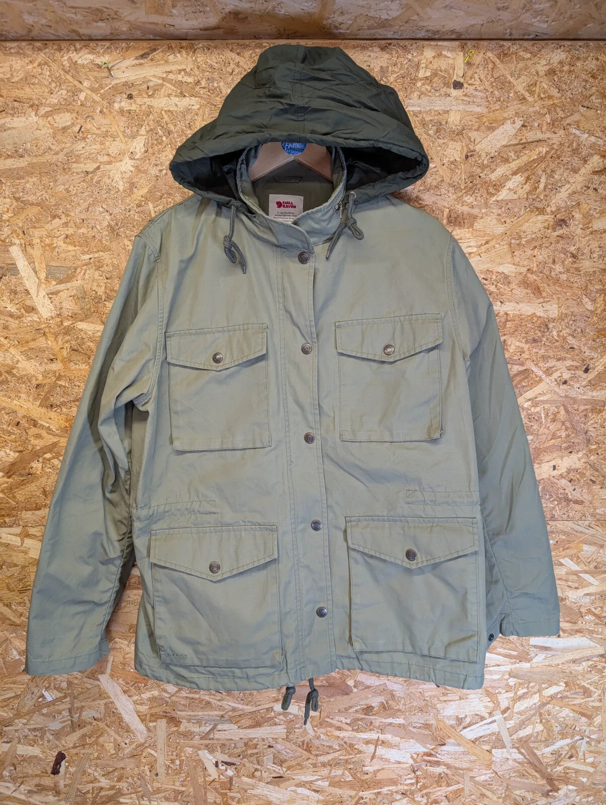 Fjallraven G1000 Wax Jacket Womens XL Khaki Green Stowaway Hood Full Zip Hiking
