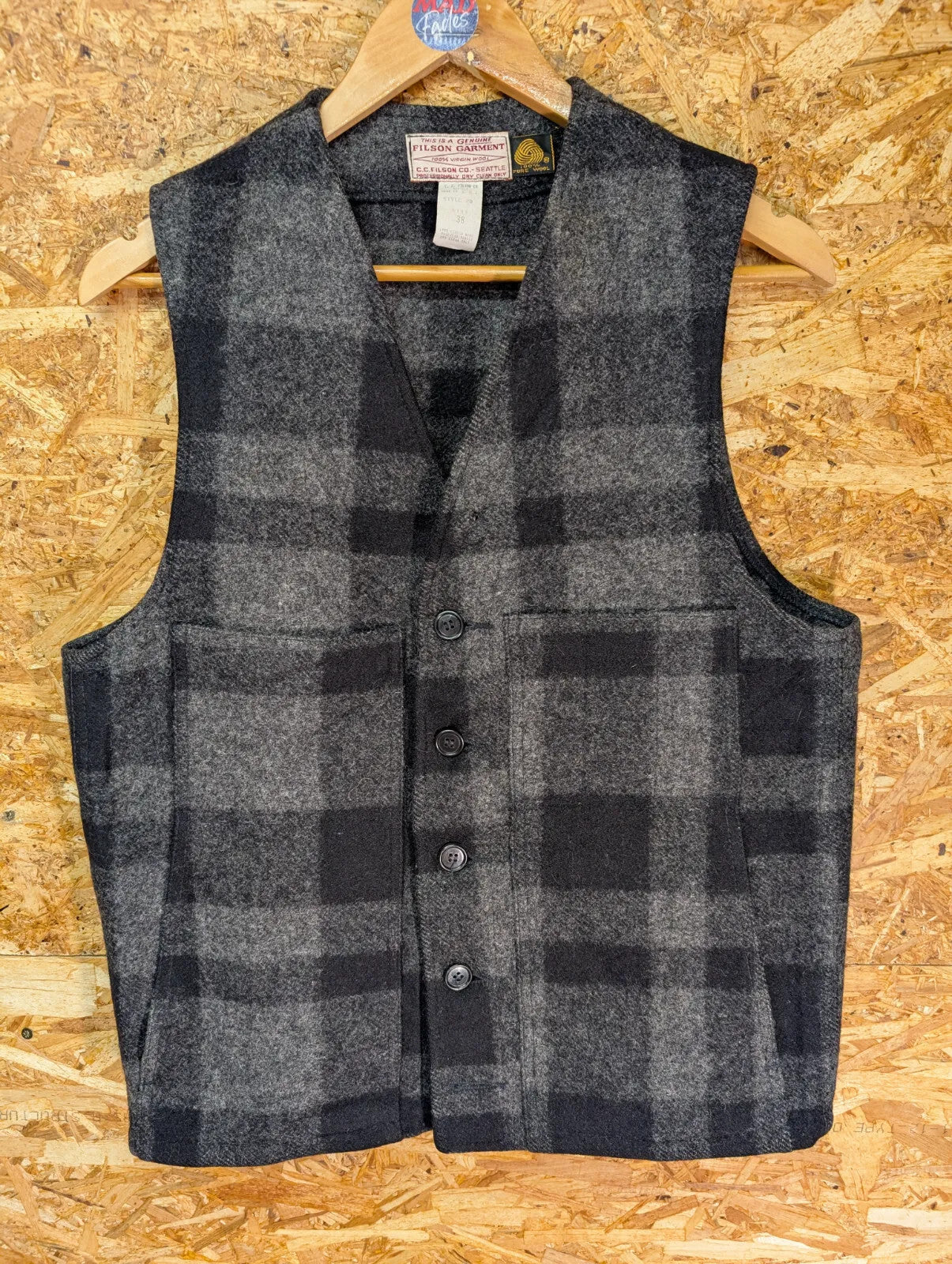 Filson Mackinaw Check Wool Vest Mens Small 38 Grey Black Gilet USA Made Style 20