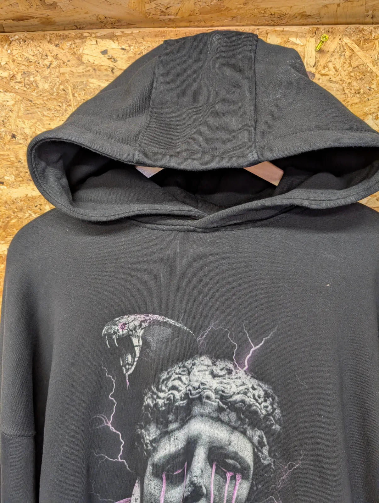 JK Attire Hoodie Mens Large Black Statue Face Graphic Print Pullover Thick Heavy