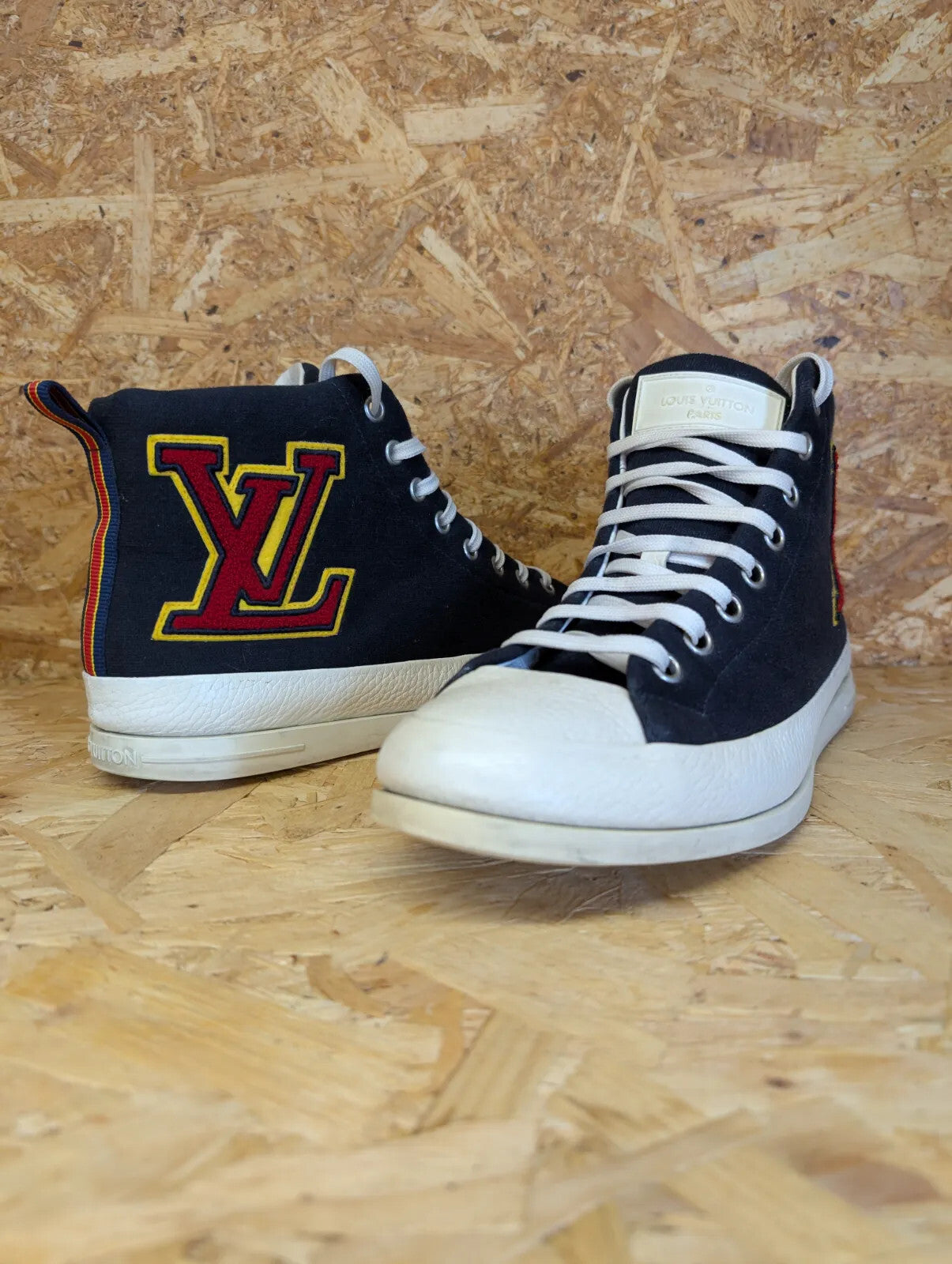 Louis Vuitton Leather High Top Sneakers UK 9.5 Navy Blue Canvas LV Logo mi Italy