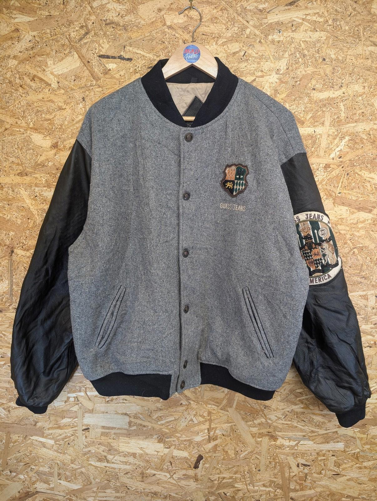 Guess Jeans Varsity Jacket Large Men Vintage 90s Wool Blend Leather Grey Black