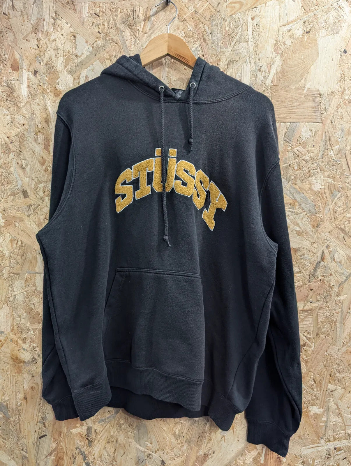 Stussy Hoodie Large Black Pullover Streetwear Embroidered Sweater Chenille Arch