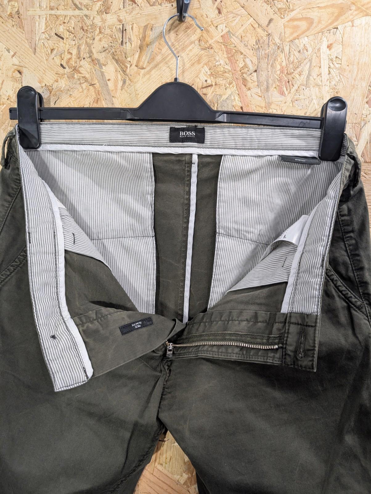 Hugo Boss Chino Trousers W34 L33 Khaki Green Stretch Rice Slim Fit Straight Zip