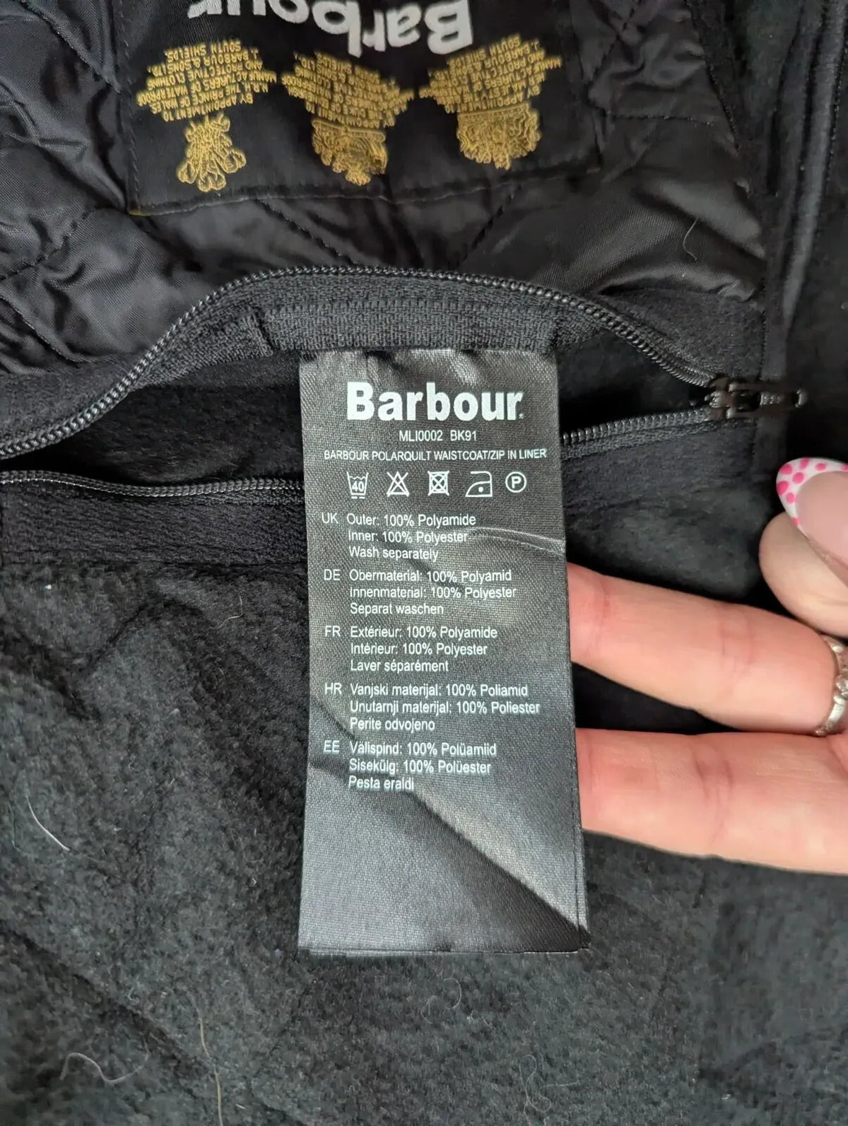 Barbour Gilet Vest Mens XL Black Polyamide Diamond Quilted Fleece Lined Polar